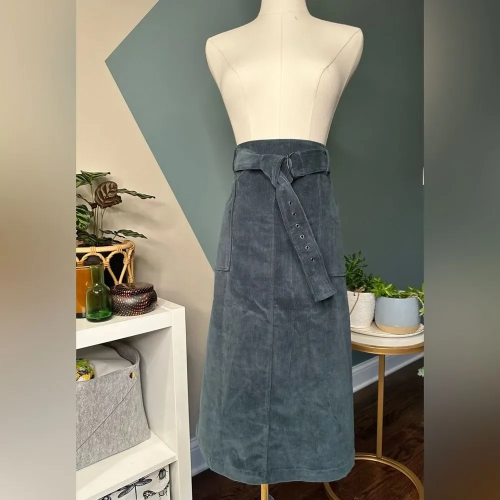 Laurèl Teal Corduroy Midi Skirt with Belt, Pockets, High Waist, Size 77 (US M/L) - Picture 1 of 10